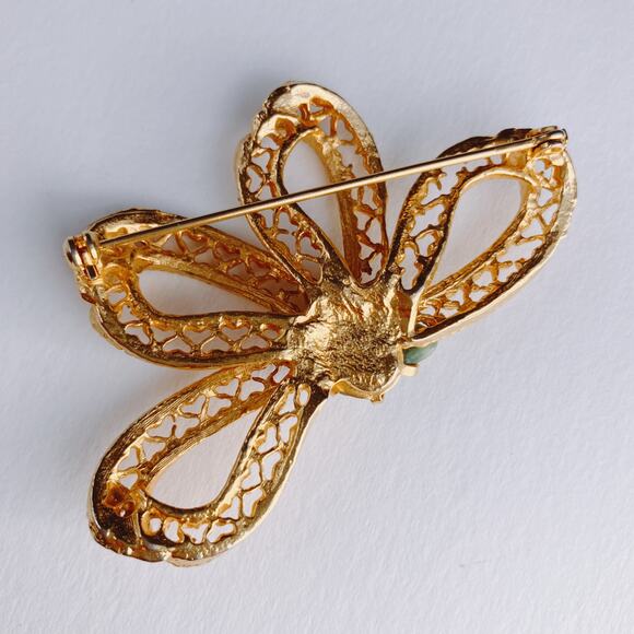 VTG Mid Century Bow Brooch Gold Filigree Green Cabochon Stone 1960s Jewelry - Picture 7 of 10
